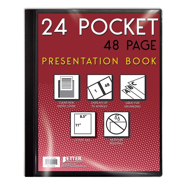 Better Office Products Presentation Book W/Clear Frt Pocket, 24 Pockets, Black, 8.5in. x 11in. Clear-Pockets 32020